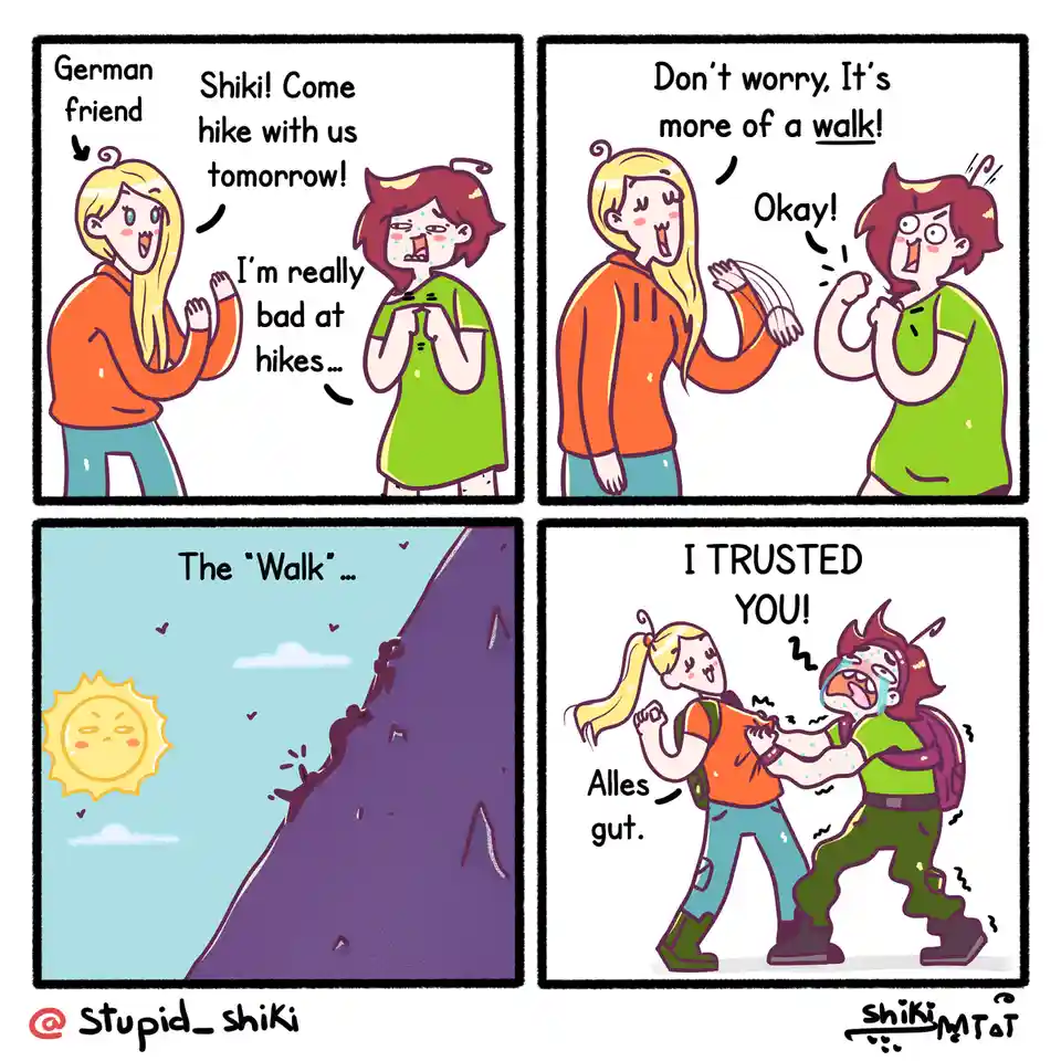 A four-panel comic shows a German friend inviting a nervous friend named Shiki on a hike, reassuring her it's 'more of a…