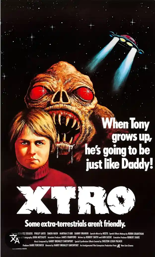 A movie poster for 'Xtro' shows a young boy in a red turtleneck staring forward while a grotesque alien with red eyes and…