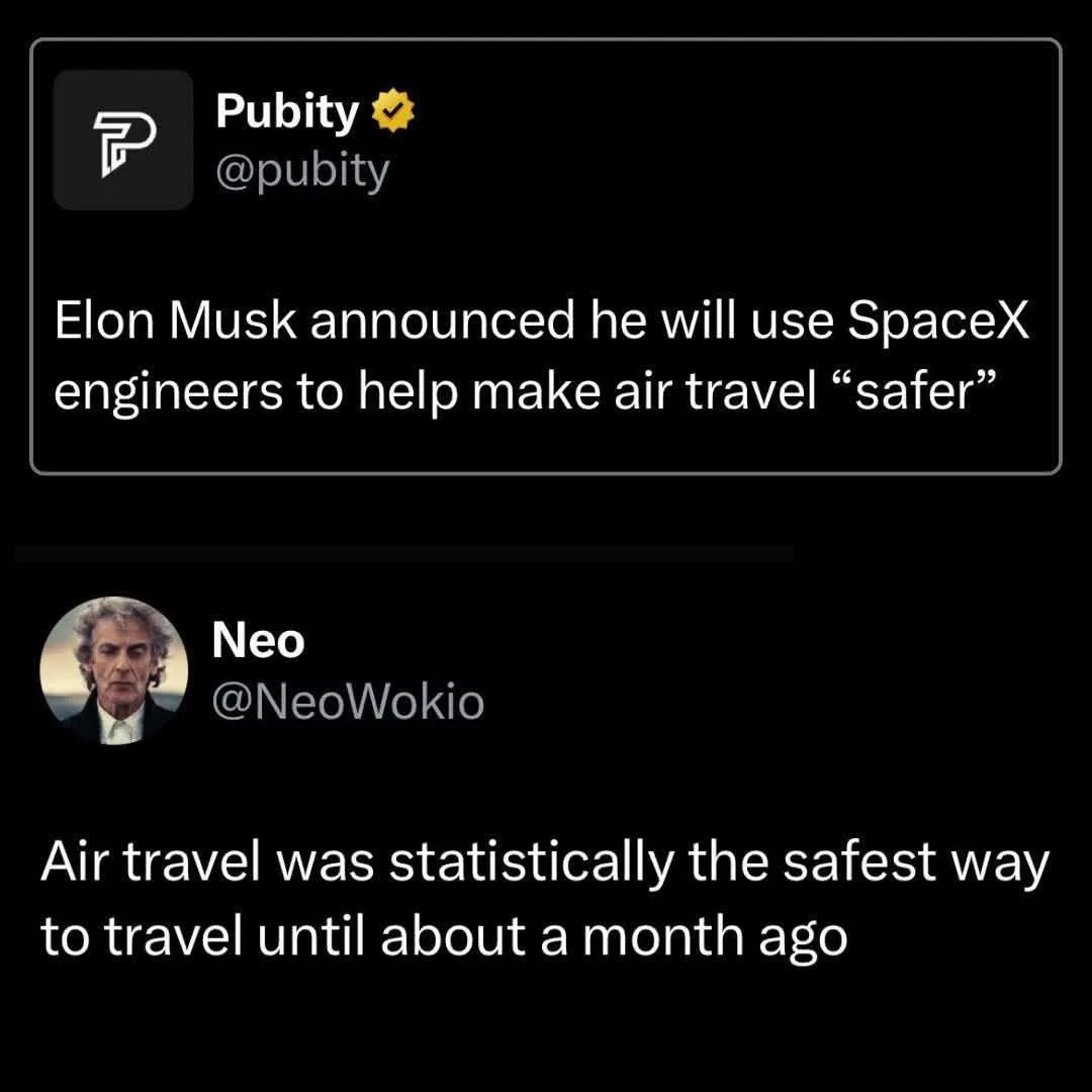 The image displays a mock Twitter thread with two posts. The first post from 'Pubity' claims Elon Musk announced SpaceX…