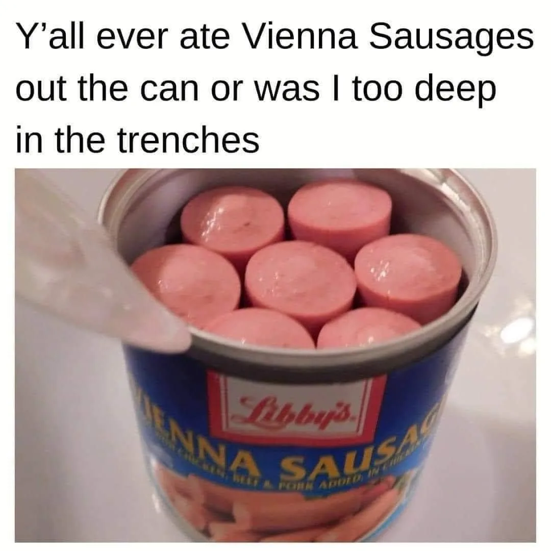 A close-up photo shows a can of Libby's Vienna Sausages with several pink, cylindrical sausages visible inside. A clear…