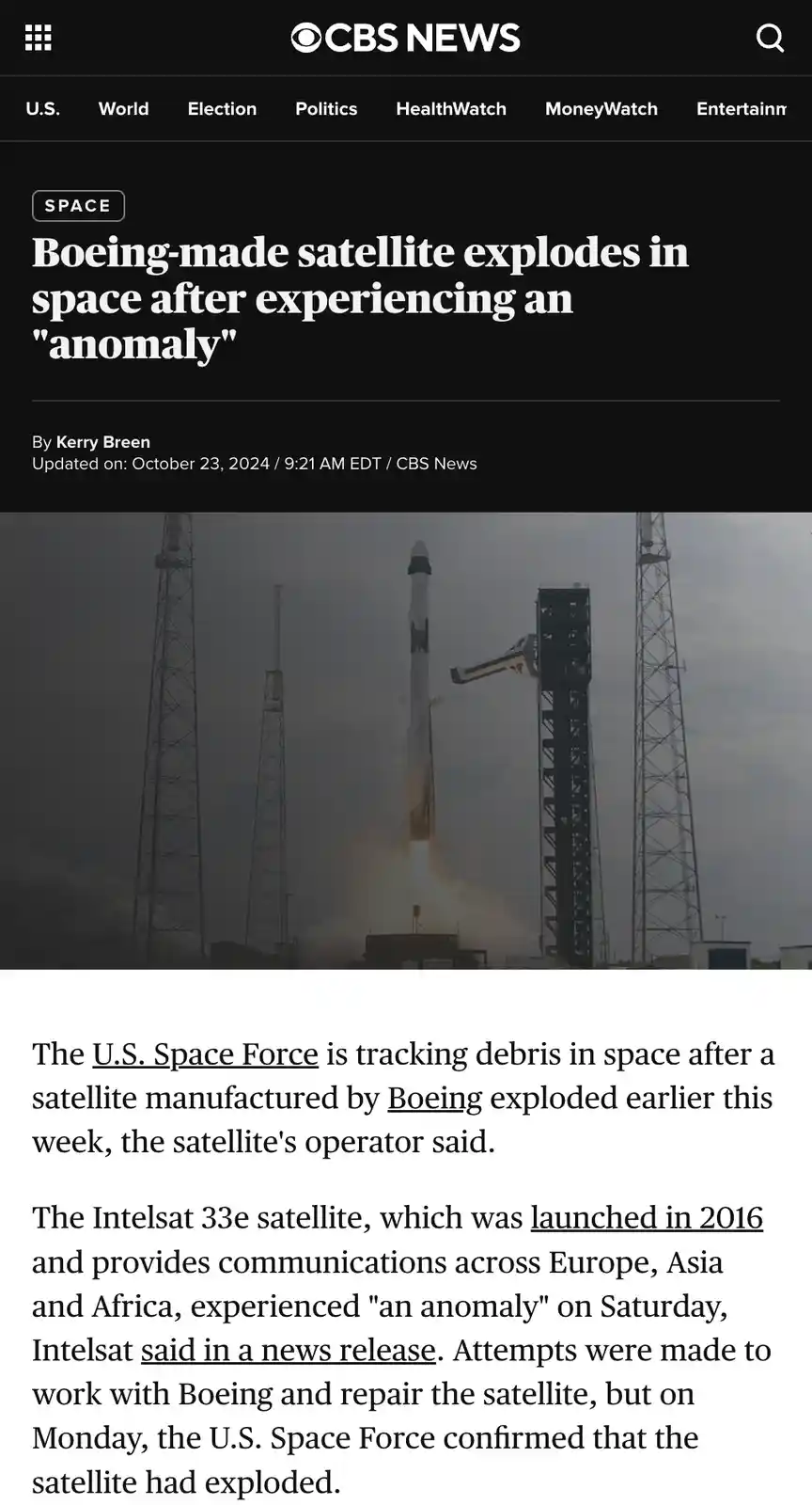 A screenshot of a CBS News article shows a rocket launching with flames and smoke, surrounded by tall metal towers. The…