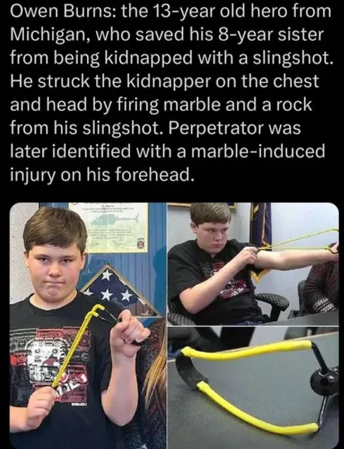 A collage of three images featuring a young boy, Owen Burns, holding and using a yellow slingshot. The top image shows him…