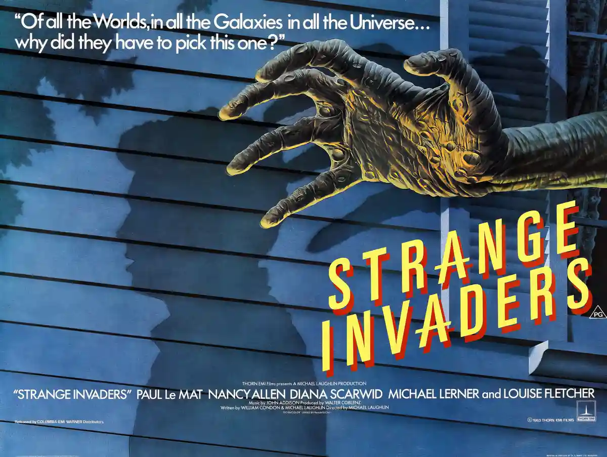 A vintage movie poster for 'Strange Invaders' (1983) features a large, alien hand reaching through a window with a blue…