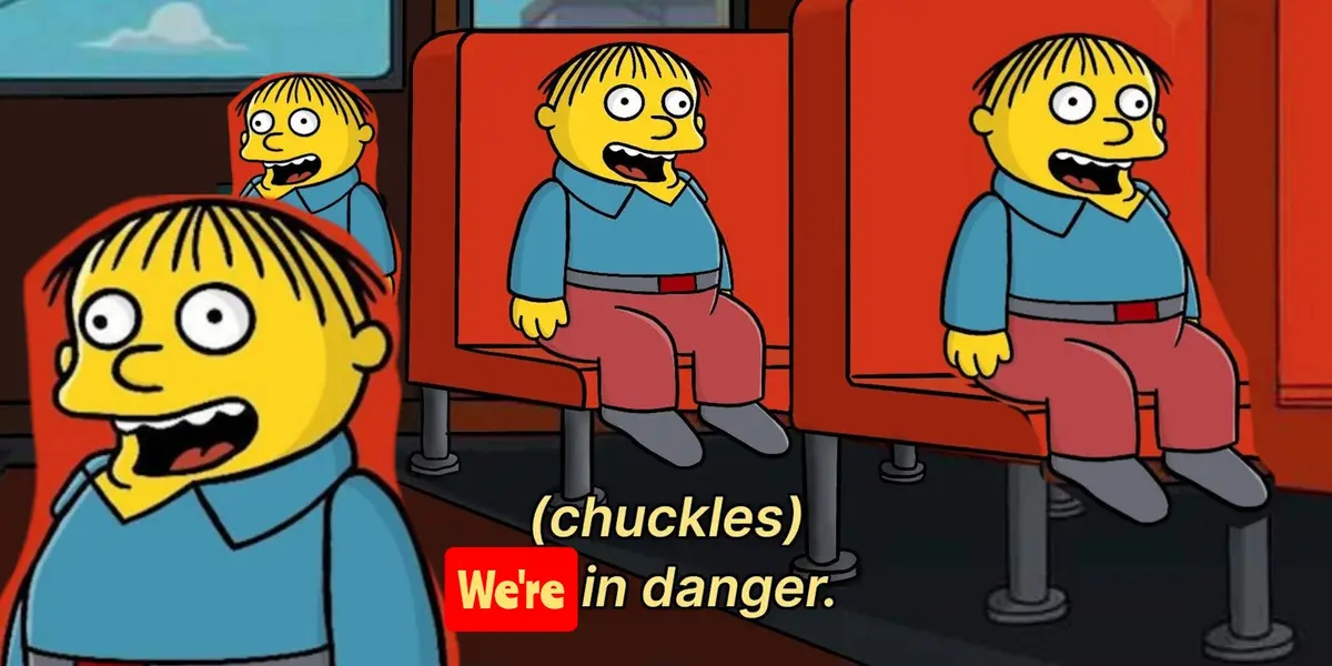 The image shows multiple identical cartoon characters, resembling Bart Simpson, sitting on red bus seats with wide-eyed…