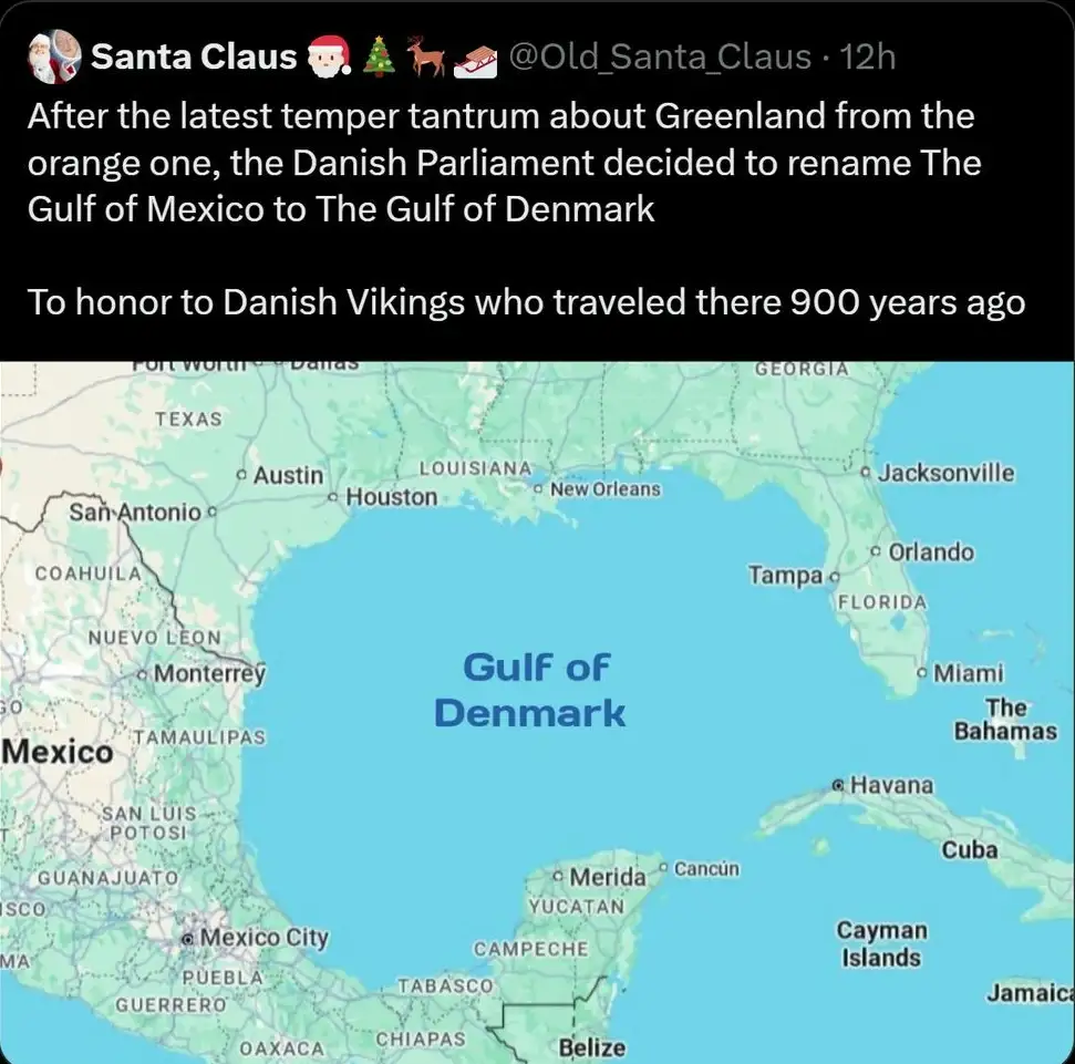 A map of the Gulf of Mexico region is overlaid with the text 'Gulf of Denmark' in blue. The image includes a social media…