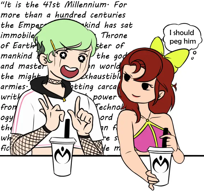 Two anime-style characters sit at a table with drinks featuring the Warhammer 40k Emperor's logo. The male character on the…