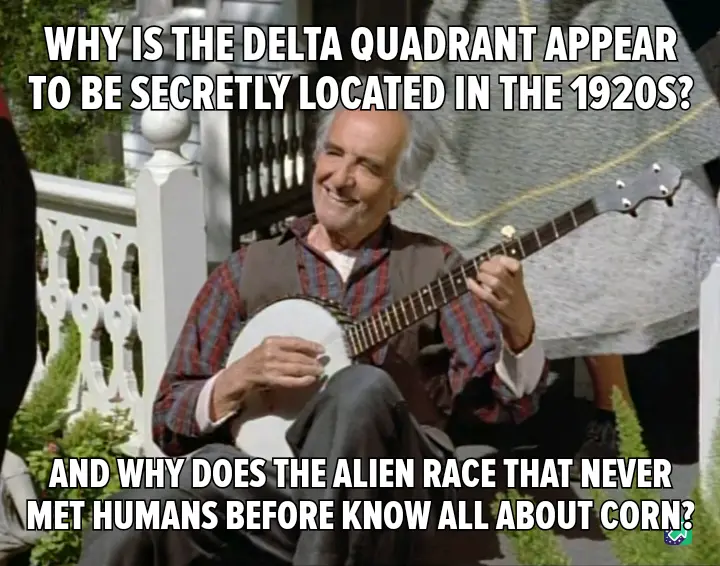 An older man with white hair, wearing a plaid shirt and vest, sits on a porch playing a banjo. He has a cheerful, slightly…