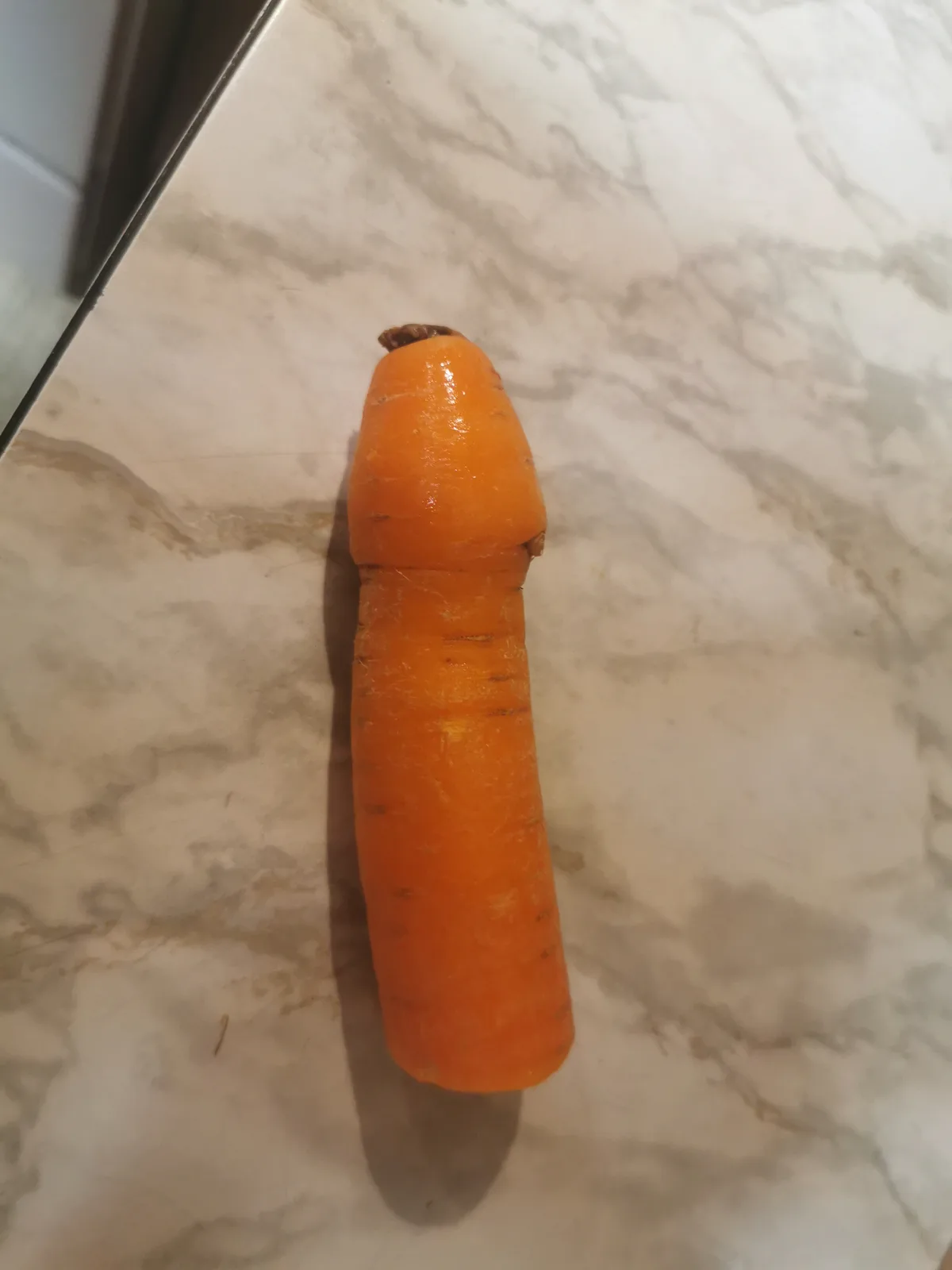 a single orange carrot with a bulbous top and tapered bottom lies on a white and gray marbled countertop, its shape…