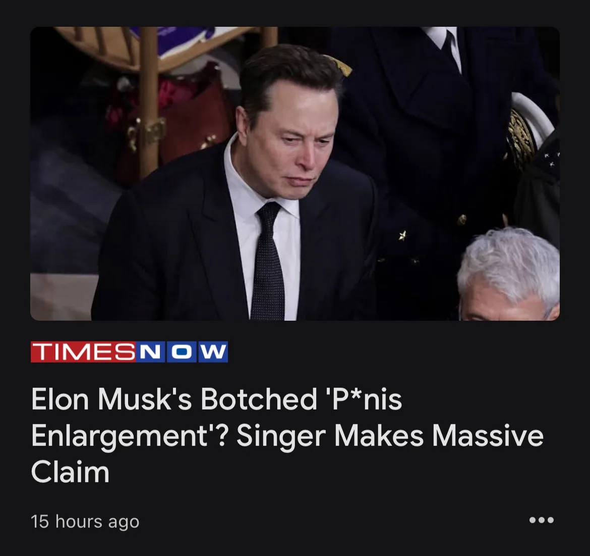 A screenshot of a Times Now news article headline overlaid on a photo of Elon Musk looking downcast in a suit. The headline…