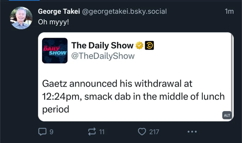 A screenshot of a tweet from George Takei replying to a tweet from The Daily Show. The Daily Show's tweet states: 'Gaetz…