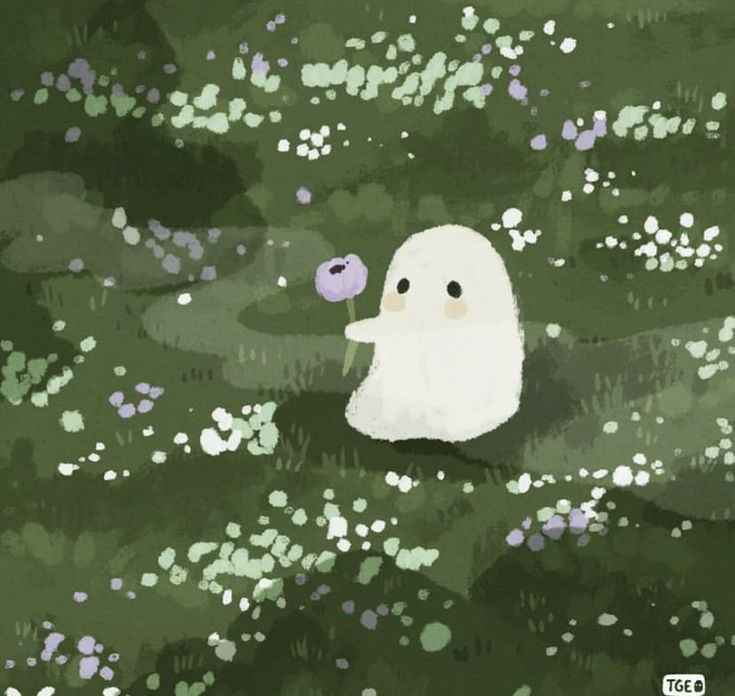 A cute, white, cartoon-style ghost with simple black eyes and rosy cheeks sits in a field of green grass dotted with small…
