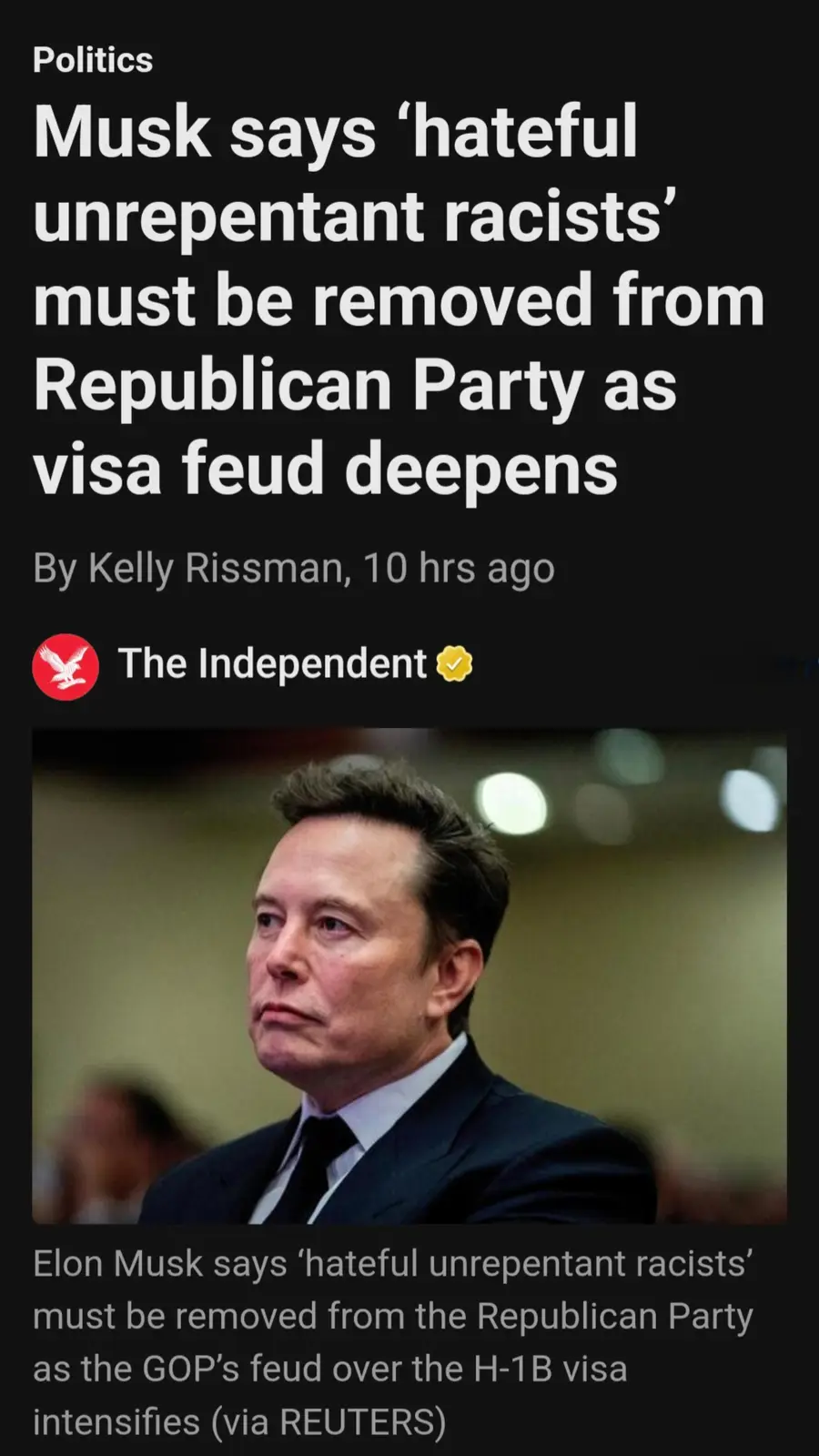 The image displays a screenshot of a news article from The Independent, featuring a photo of Elon Musk looking serious. The…