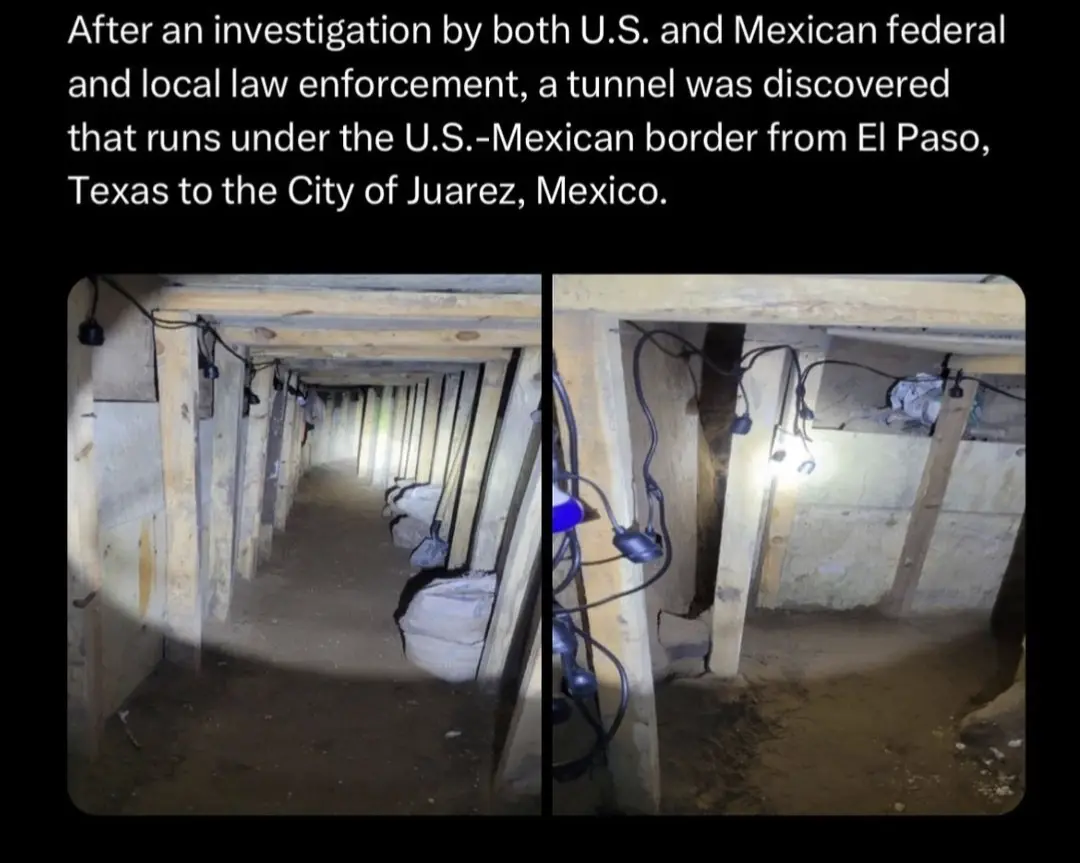 The image shows two side-by-side photos of a dimly lit, narrow underground tunnel with wooden support beams and dirt floors…