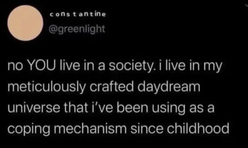 A screenshot of a tweet from a user named 'constantine' with the handle '@greenlight'. The tweet reads: 'no YOU live in a…