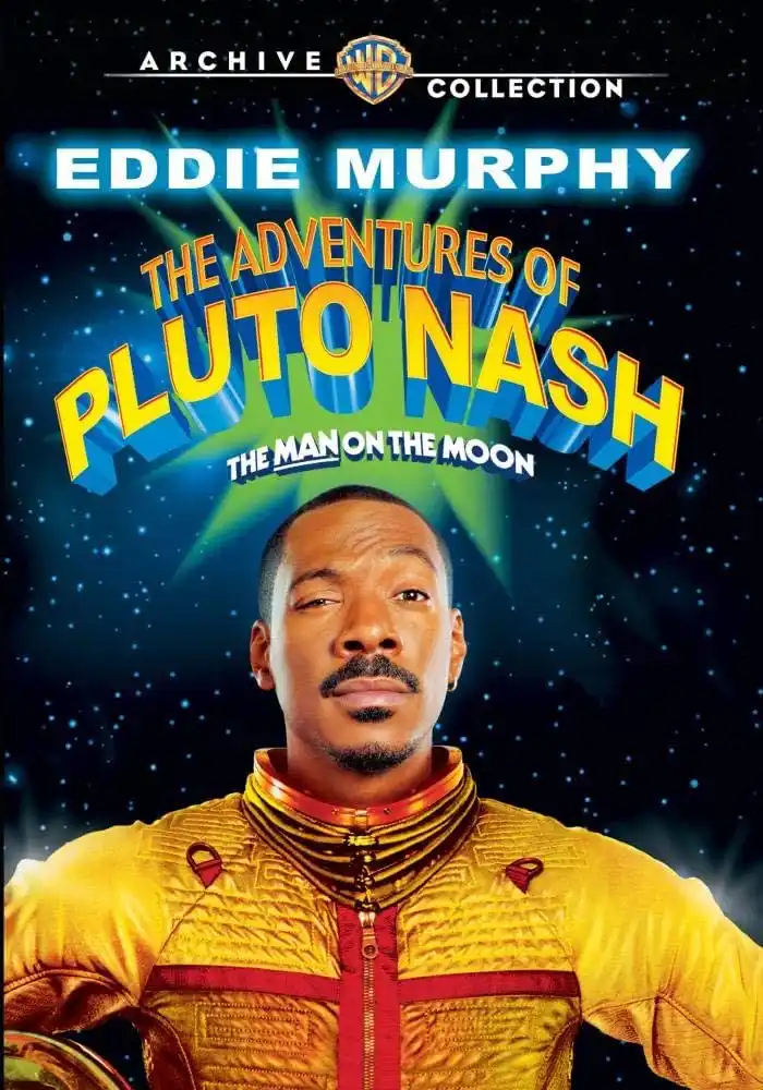 This is a movie poster for 'The Adventures of Pluto Nash' starring Eddie Murphy, featuring him in a gold and red futuristic…