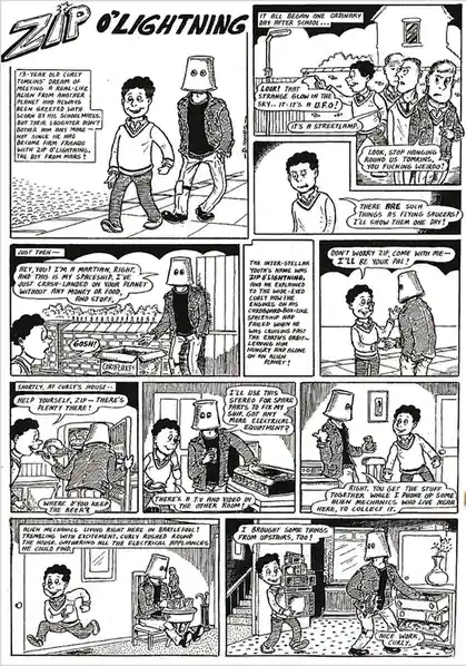 A black-and-white comic strip titled 'Zip O'Lightning' depicts a 13-year-old boy named Curly Tomkins befriending an alien…