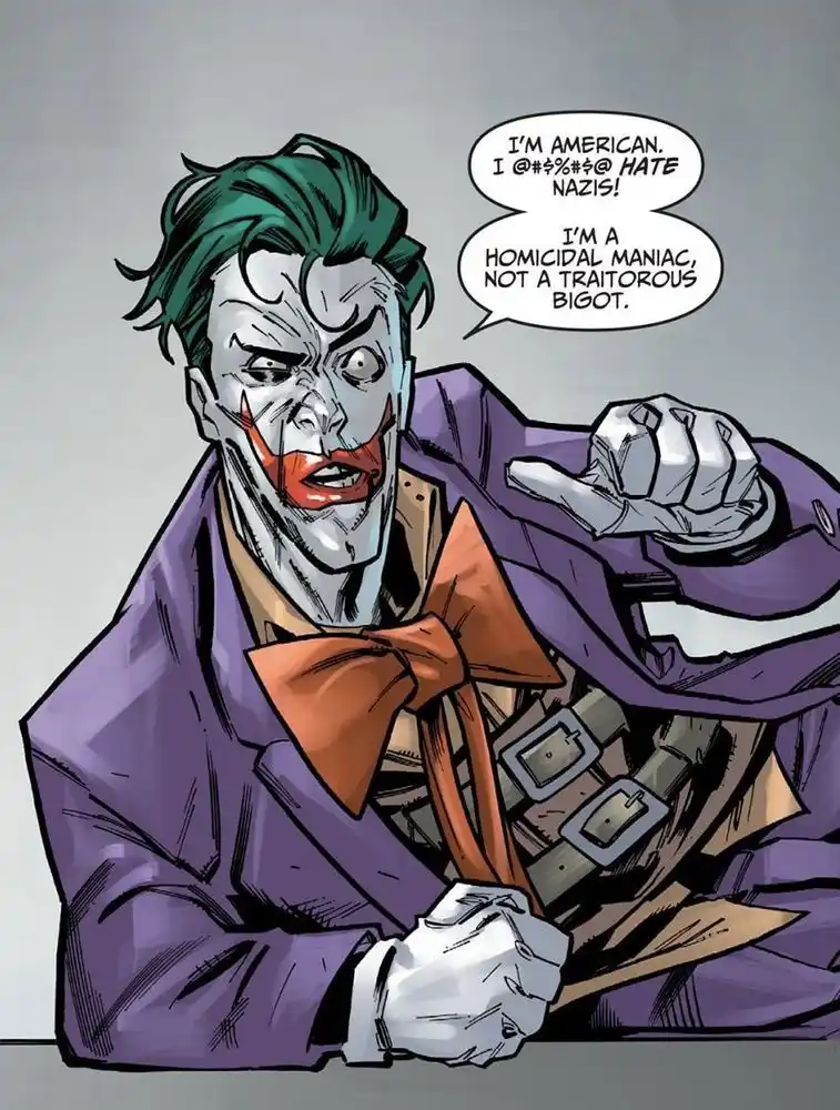 The Joker, a fictional character with green hair, white face paint, red lips, and a purple suit with an orange bowtie, is…