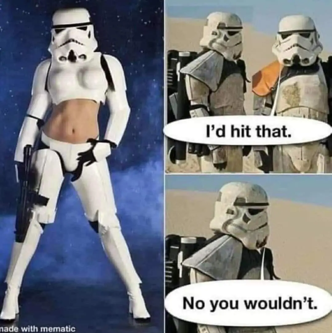 The image is a three-panel meme. The left panel shows a female stormtrooper in a revealing white outfit against a starry…
