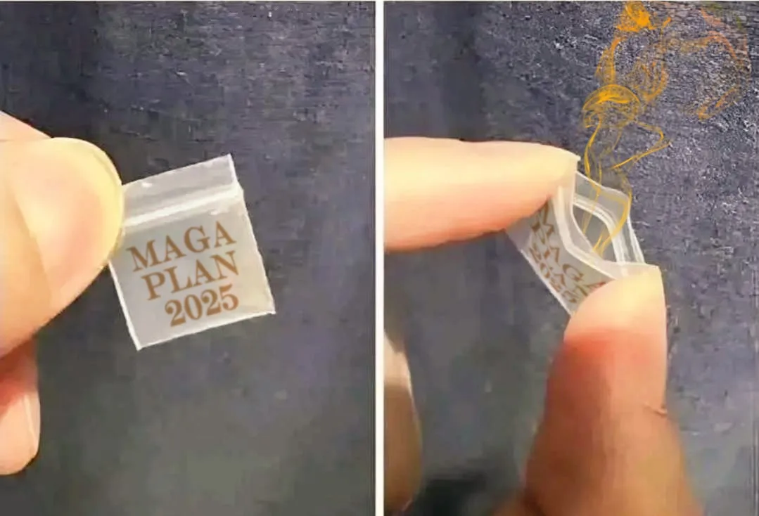 A split image shows a hand holding a tiny clear plastic bag labeled 'MAGA PLAN 2025' in the left panel, and in the right…