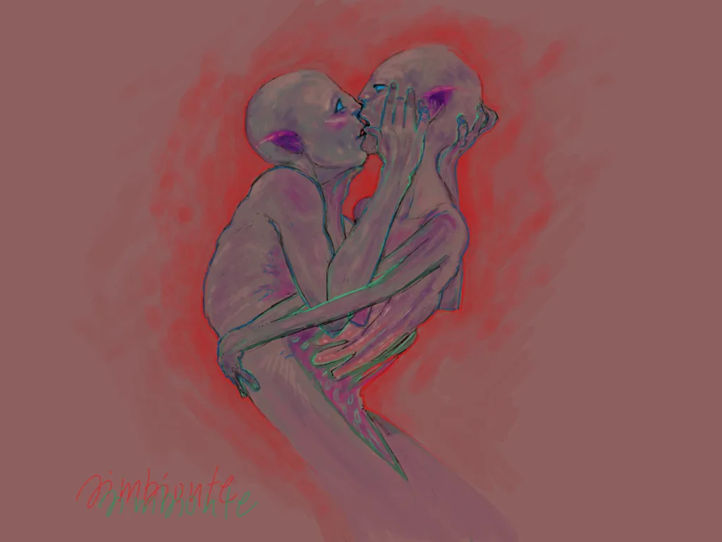 A digital sketch depicts two humanoid figures with purple-tinged skin and pointed ears embracing and kissing, set against a…
