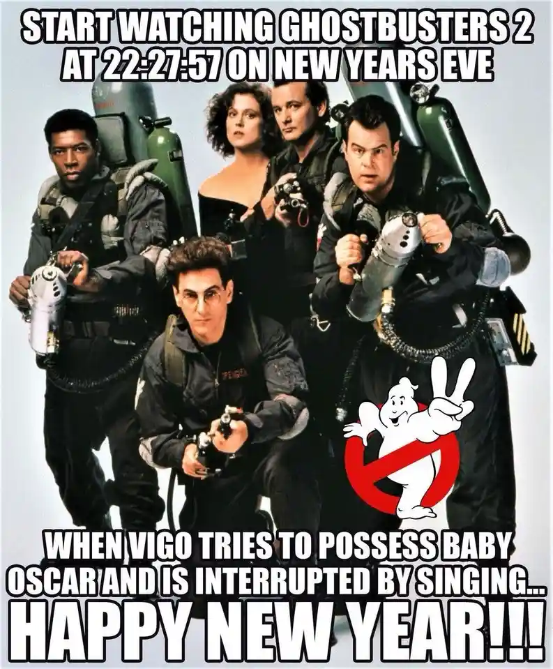 The image features the cast of Ghostbusters 2 in their iconic gear, posing with proton packs. Overlaid text instructs…