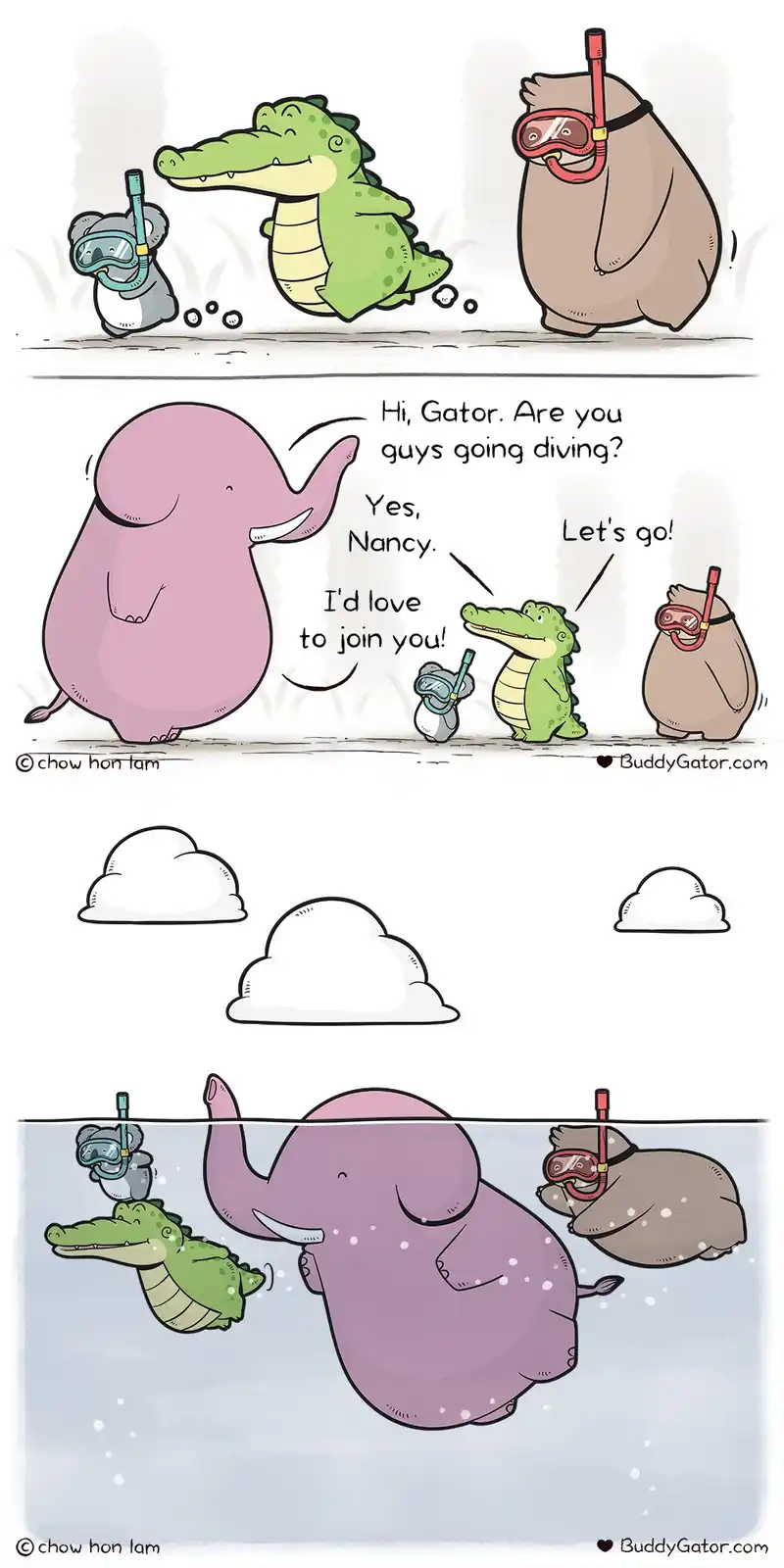 A three-panel comic shows a small alligator and a bear in snorkeling gear. An elephant named Nancy asks if they're diving…
