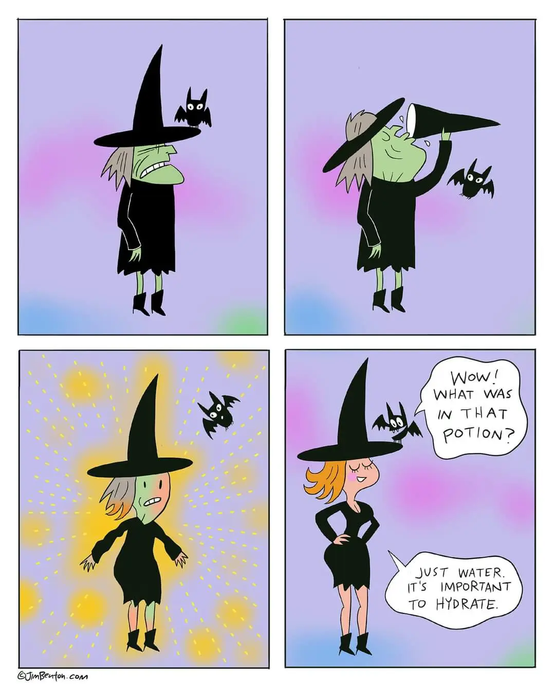 A four-panel comic shows a green-skinned witch looking angry, then drinking from her hat, then glowing brightly after…