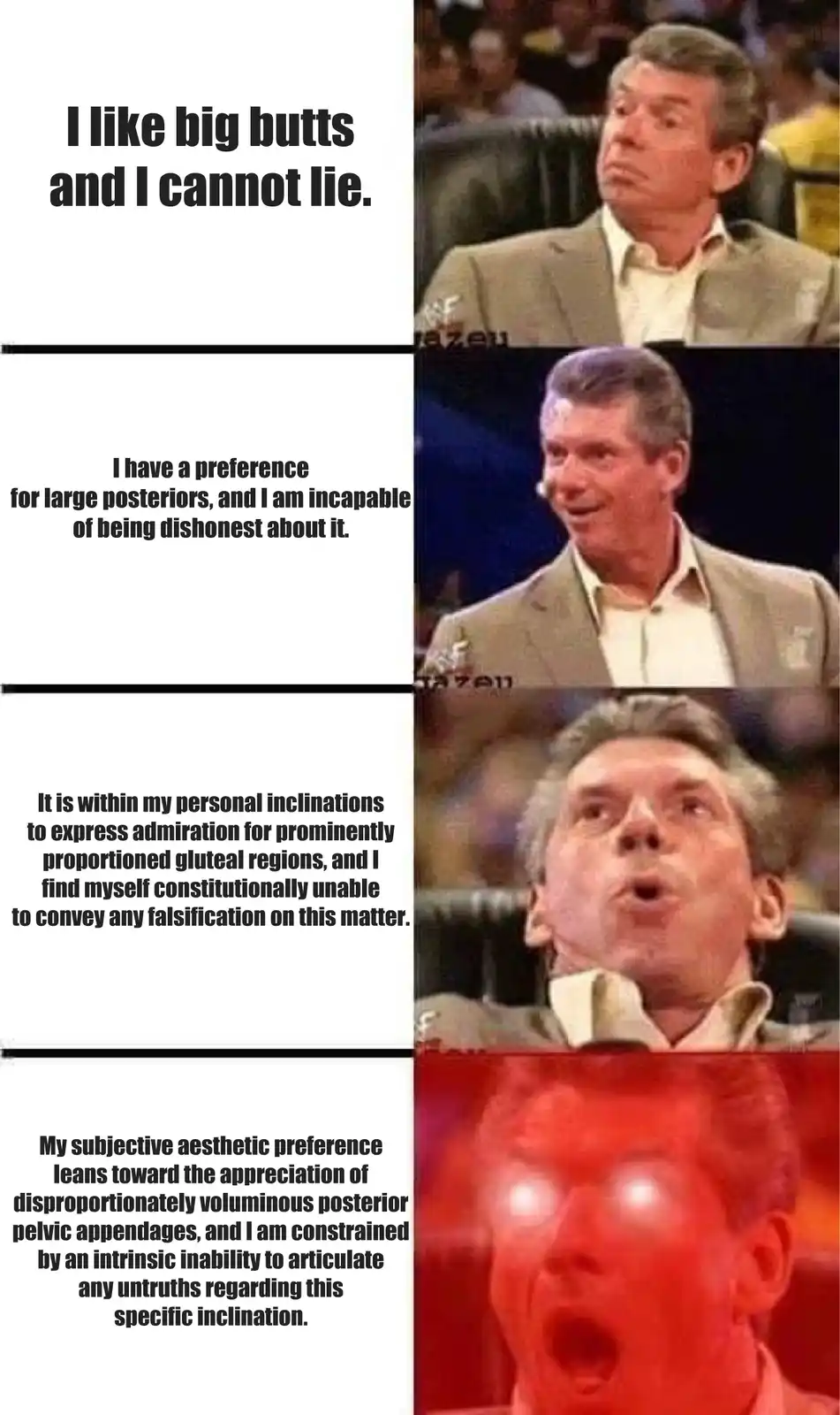 A four-panel meme featuring a man in a suit reacting with increasing intensity. The text progresses from a simple statement…