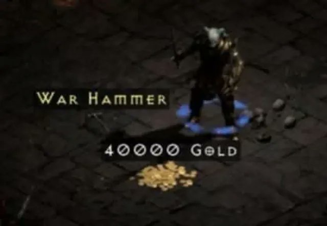 A character in dark armor stands on a stone floor next to a pile of gold coins, with text overlays reading 'War Hammer' and…