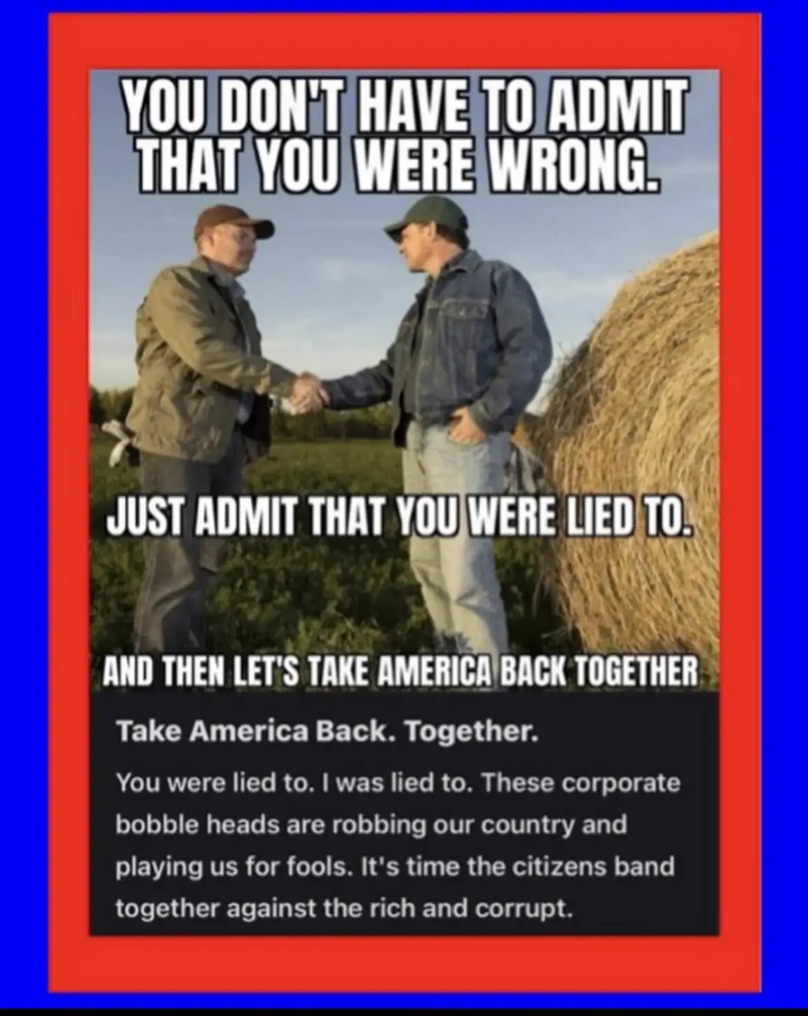 Two men in casual outdoor attire shake hands in a field next to a large hay bale. Overlaid text reads: 'YOU DON'T HAVE TO…
