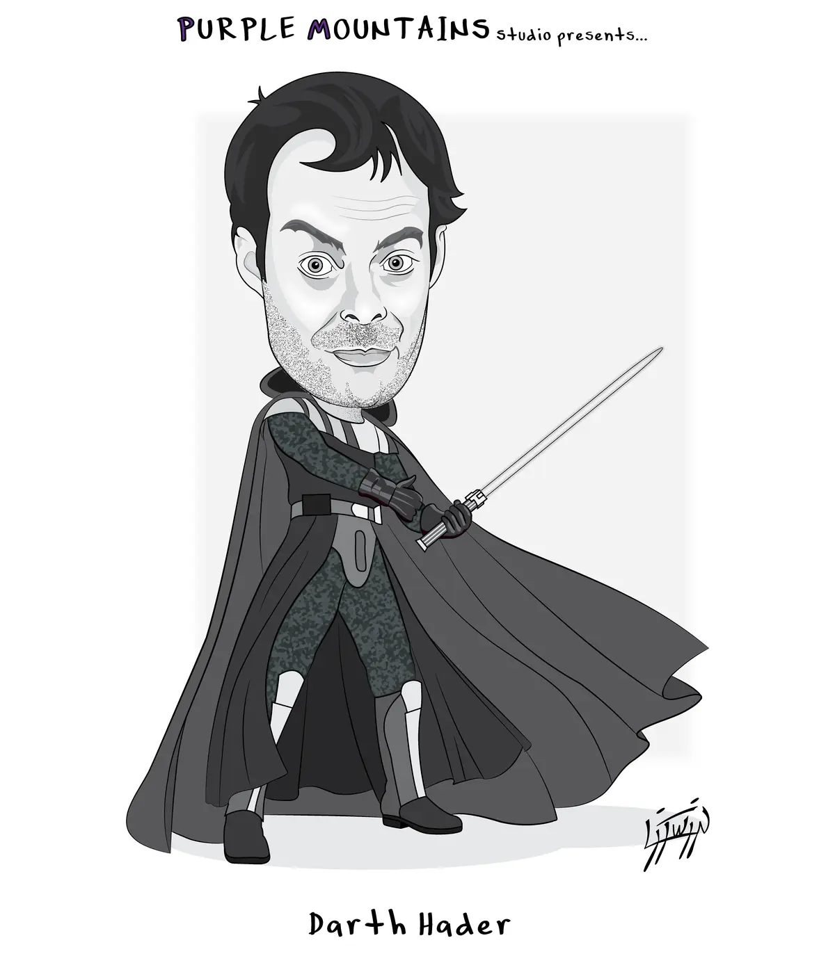 A grayscale cartoon caricature of a man with a surprised expression, dressed in a Star Wars-style dark robe and cape…