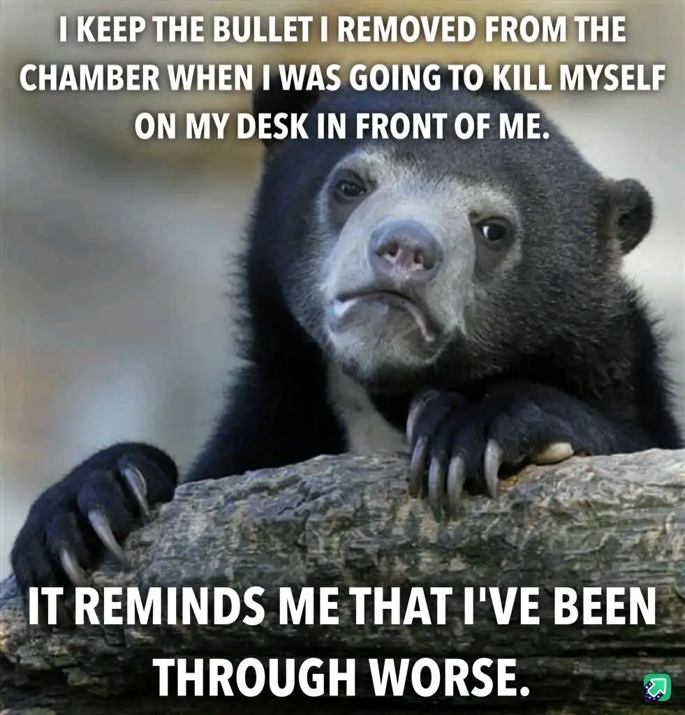 A close-up image of a sad-looking sun bear resting its paws on a log, with white text overlaid in two blocks. The top text…