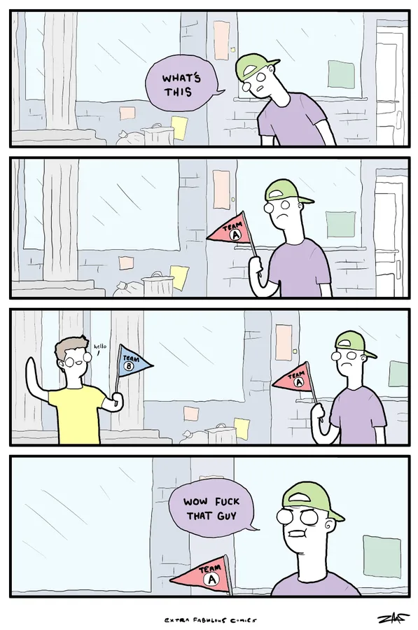 A four-panel comic strip shows a man in a green cap holding a red 'TEAM A' flag, confused by a stranger waving a blue 'TEAM…