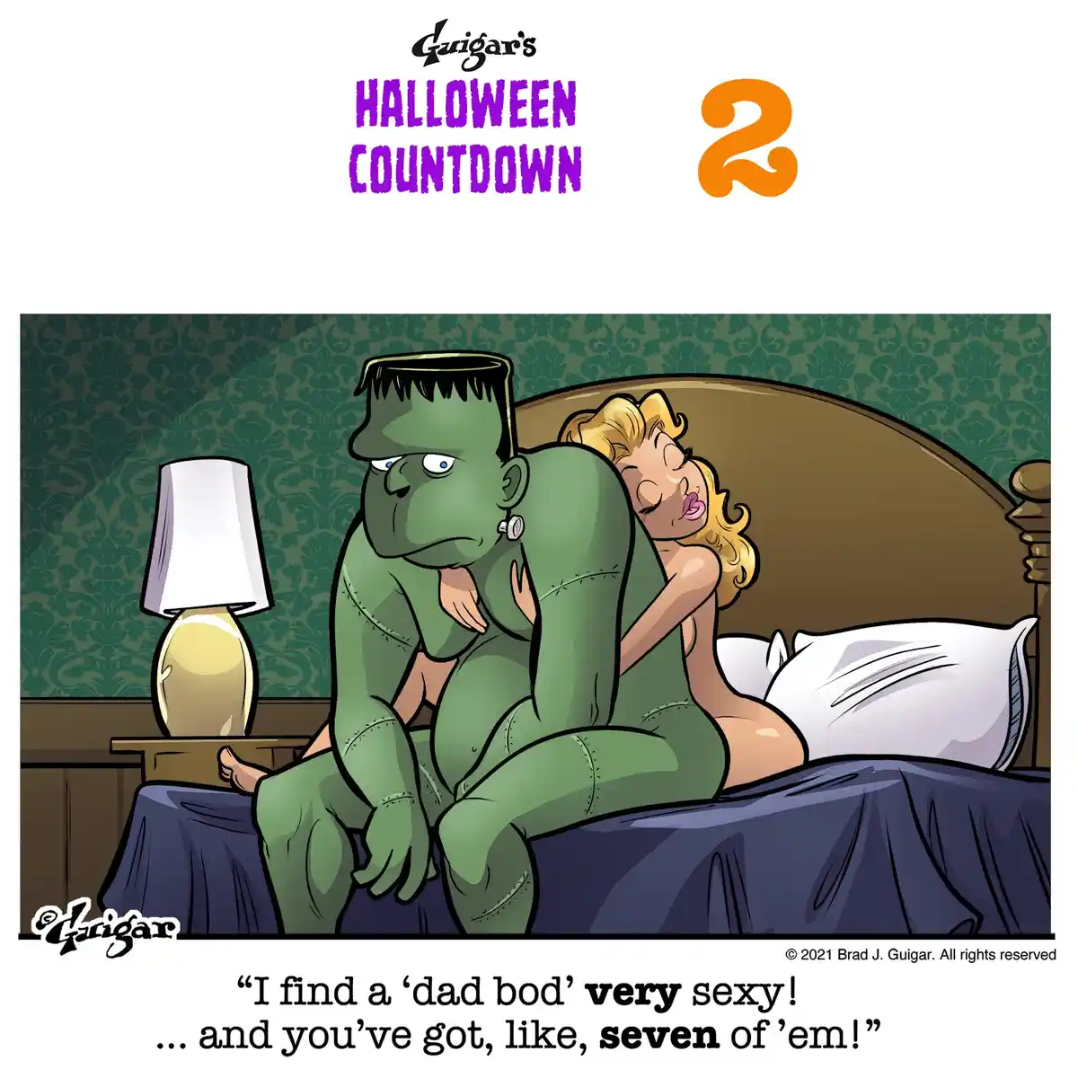 A cartoon Frankenstein's monster sits on a bed looking unimpressed while a blonde woman sleeps behind him, her hands on his…