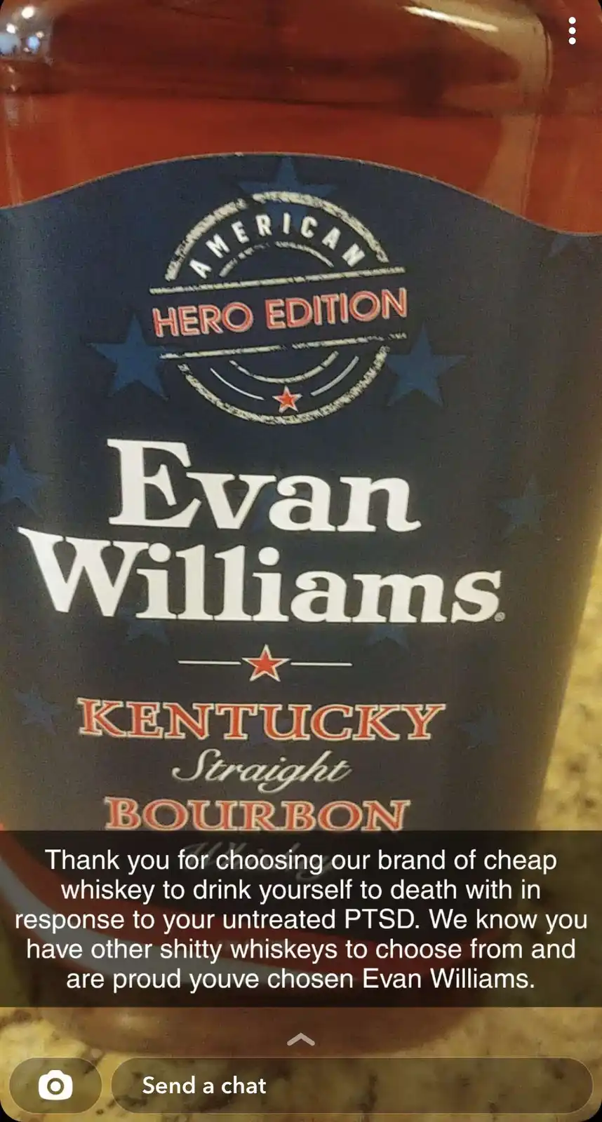 A close-up of a bottle of Evan Williams American Hero Edition Kentucky Straight Bourbon, with overlaid text that…