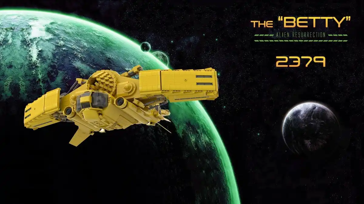 A large yellow spaceship made of LEGO bricks flies in space near a green planet, with text overlay reading 'THE "BETTY"…