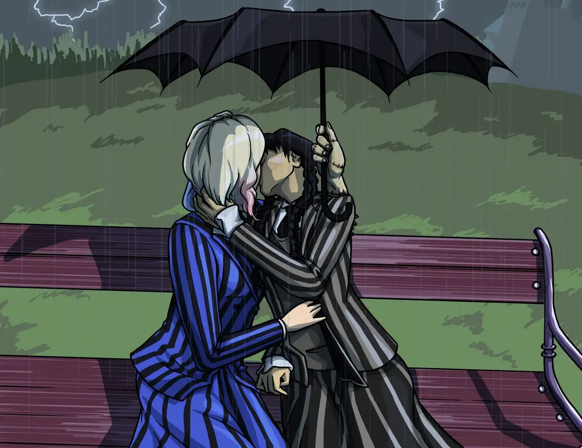 two anime-style characters, one with white hair in a blue striped dress and another with black braided hair in a grey…