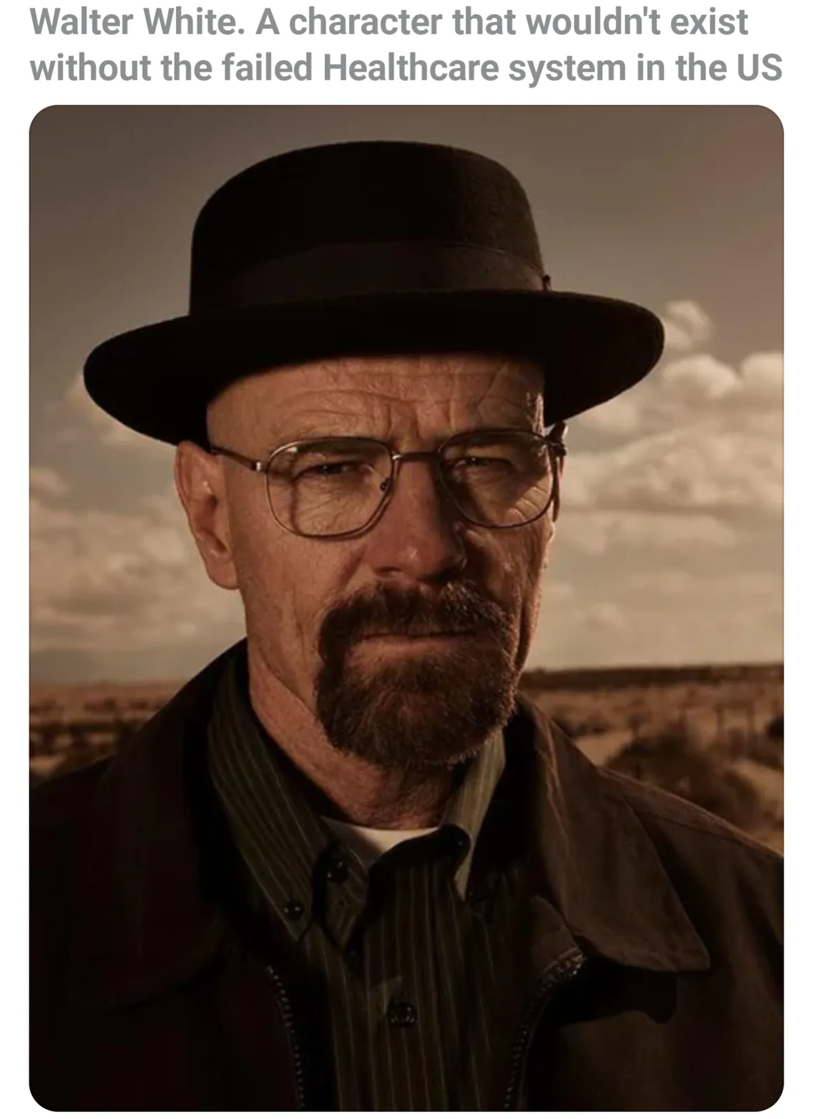 The image shows a close-up of Walter White, a bald man with a goatee, wearing a black bowler hat, thick-rimmed glasses, and…