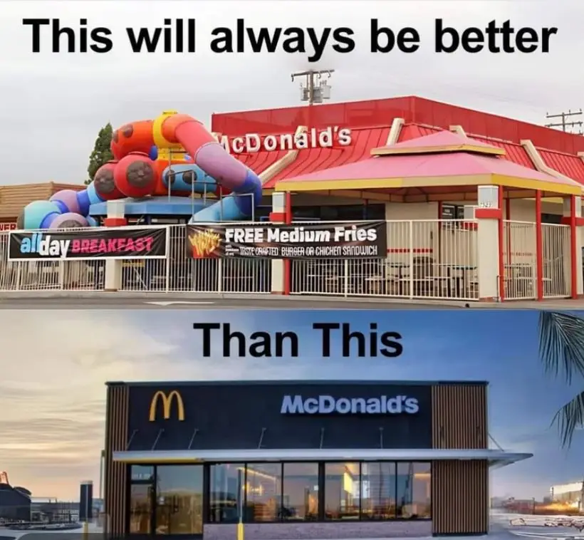 The image is split into two parts: the top shows a McDonald's with a large, colorful inflatable slide and banners…
