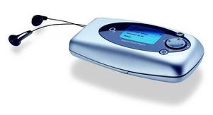 A silver, compact digital audio player with earbuds attached, shown against a plain white background. The device has a small…