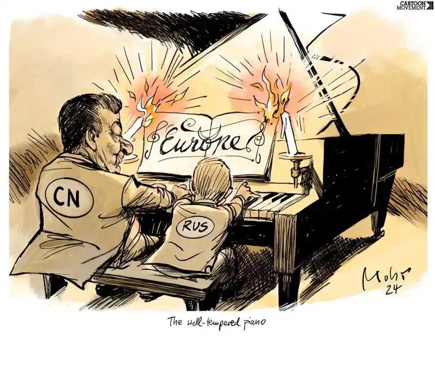Two figures, one labeled 'CN' and the other 'RUS', are seated at a piano. The open music book displays the word 'Europe' and…
