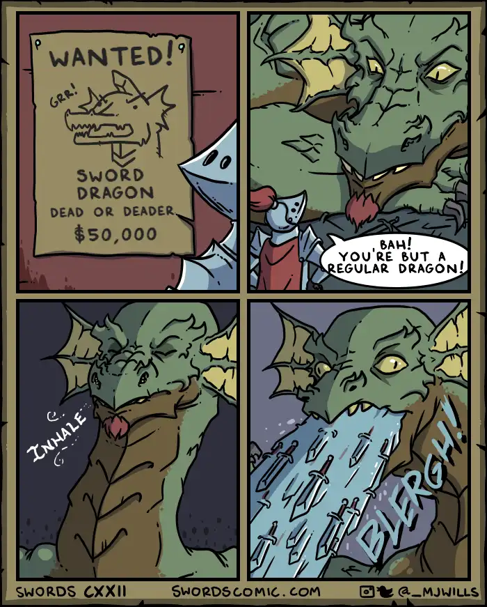A four-panel comic strip shows a knight presenting a 'WANTED!' poster for a 'Sword Dragon' offering $50,000. A large green…