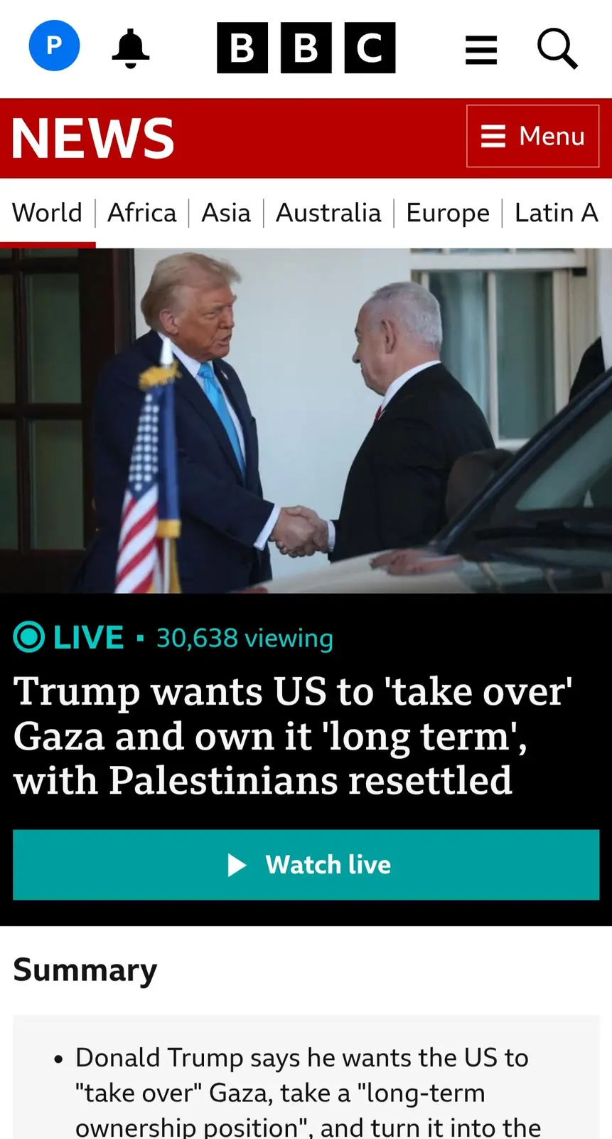 A screenshot of a BBC News live broadcast shows Donald Trump and Benjamin Netanyahu shaking hands. The headline overlays the…
