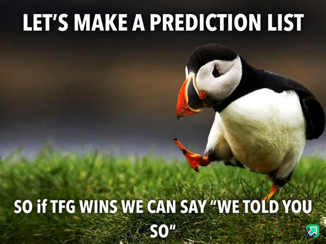 A puffin stands on green grass, looking down with one foot lifted, as if contemplating. White text at the top reads 'LET'S…