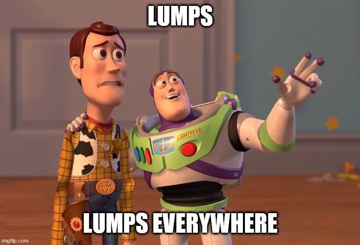 A still from Toy Story shows Buzz Lightyear pointing excitedly while Woody looks concerned. The text 'LUMPS' is at the top…