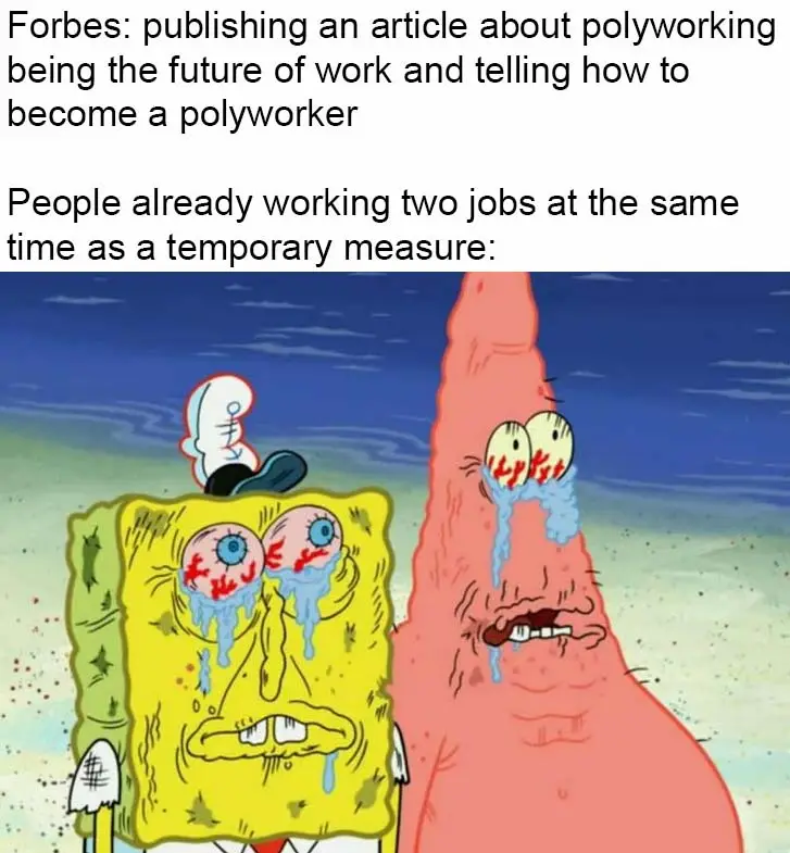 The image shows two cartoon characters, SpongeBob SquarePants and Patrick Star, both with exaggeratedly tired and stressed…