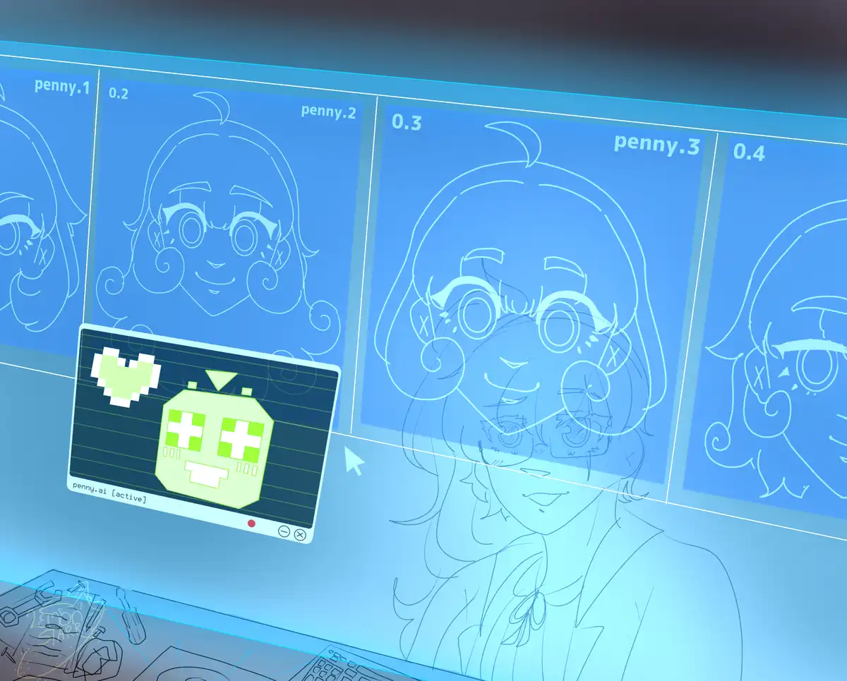 A digital art interface shows multiple progressive sketches labeled penny.1 through penny.4, depicting a stylized anime girl…