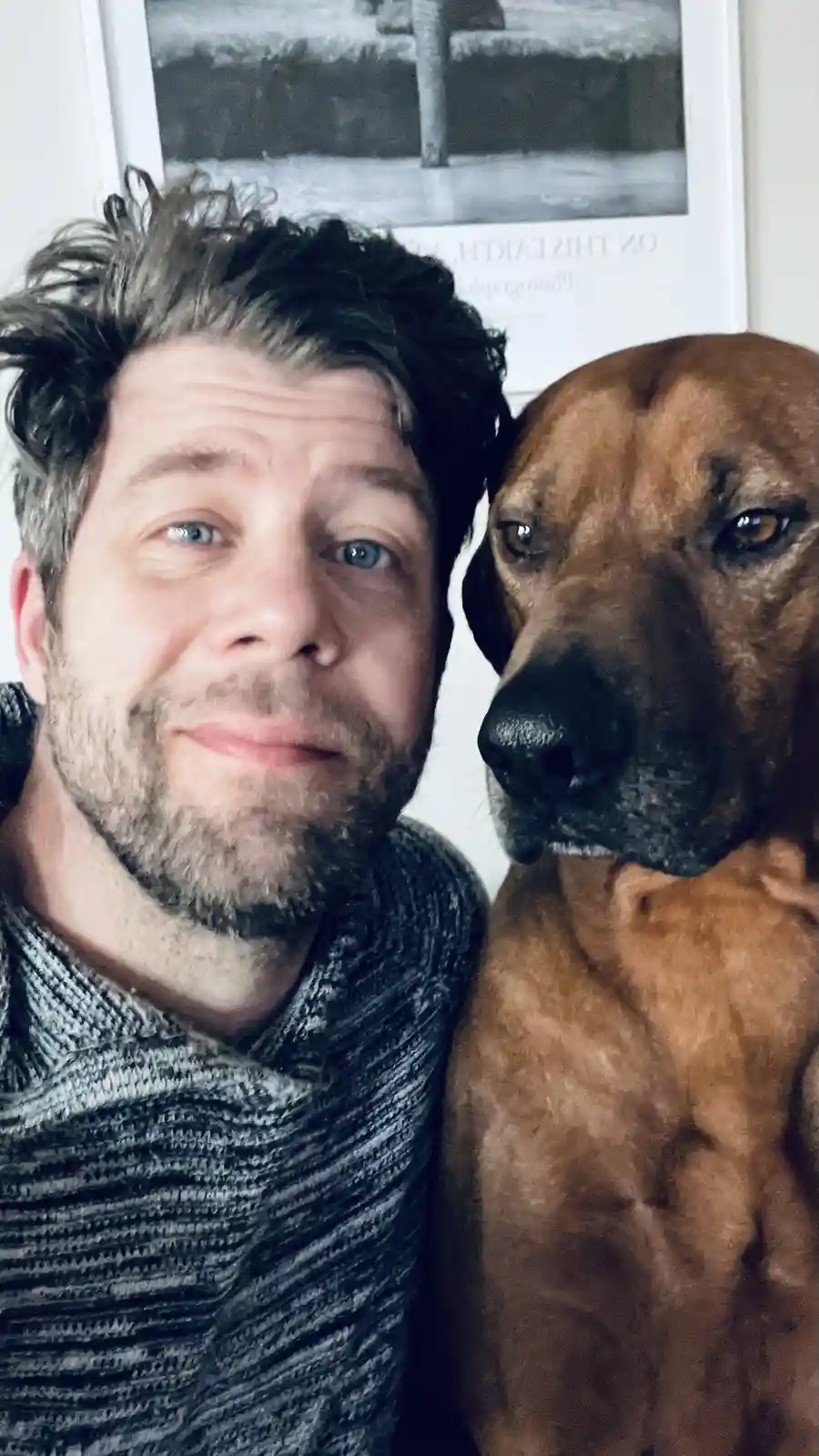 A man with messy hair and a beard, wearing a grey sweater, takes a selfie with a large brown dog. The dog is positioned…