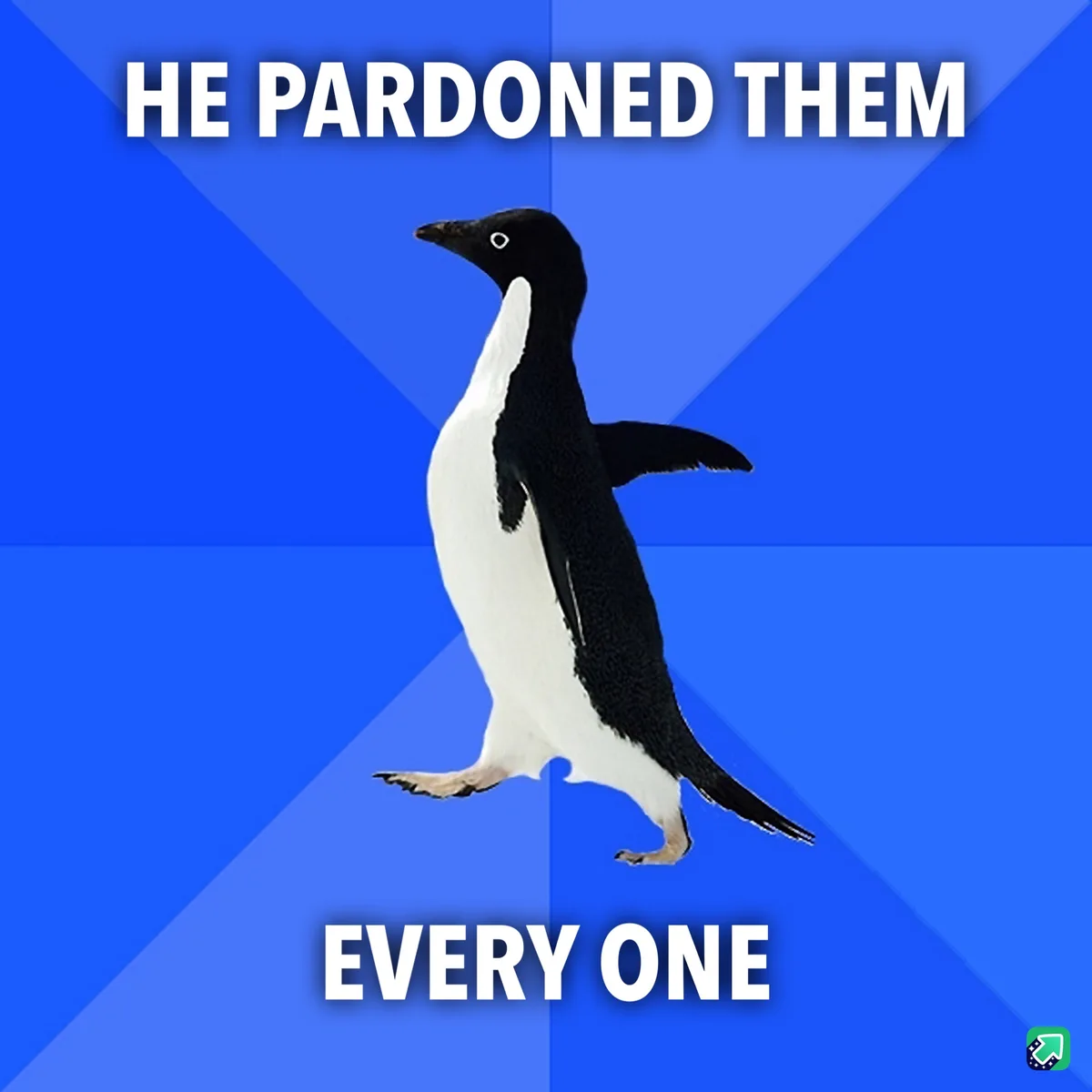 A penguin stands upright against a blue background with diagonal stripes. White bold text at the top reads 'HE PARDONED…