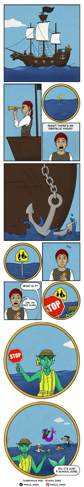 A pirate ship sails on the ocean when a crew member spots a yellow sign with mermaid symbols, exclaiming an obstacle. Upon…